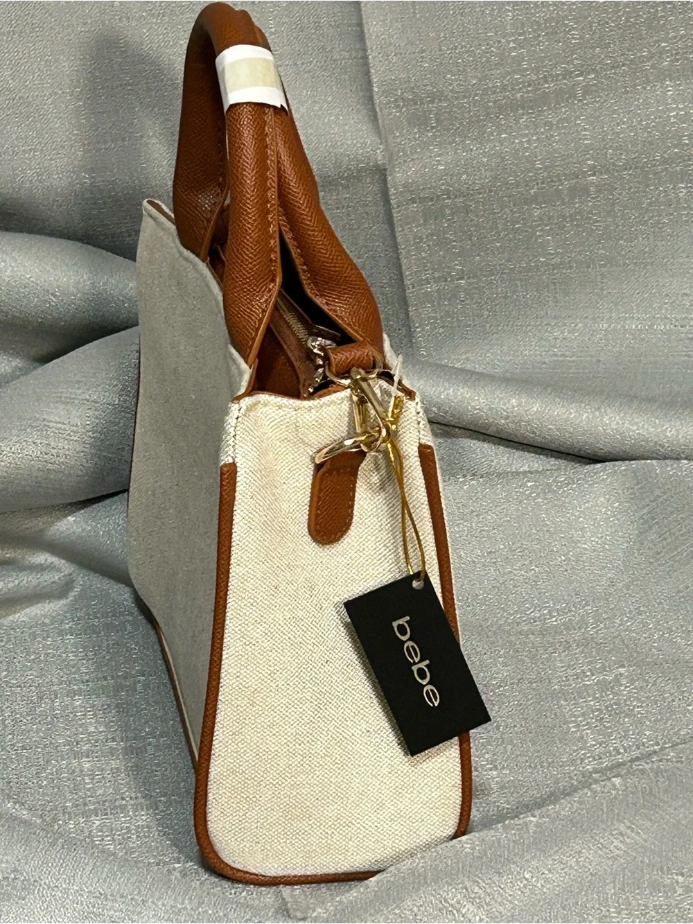 bebe Paisley Mini Canvas Satchel Crossbody Caramel/Cream & Tan with Tan Trim